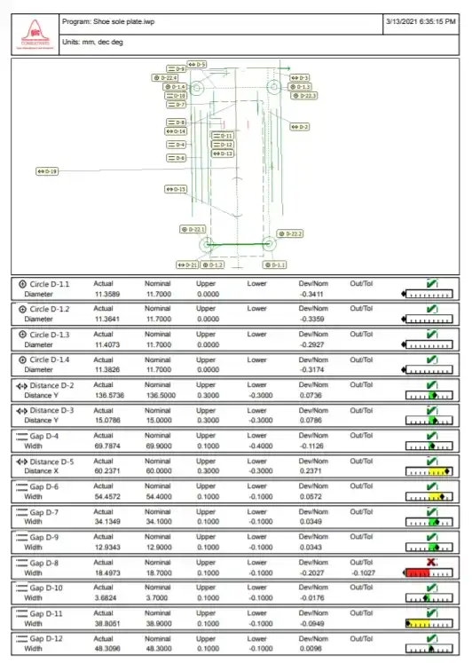 inspection Report with deviation of dimensions
